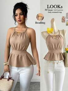 Elenzga Camiseta de tirantes ajustada y elegante de color verde para uso diario con decoración de cuentas de madera y diseño con cordón, para primavera/verano - Albaricoque - Ver 8