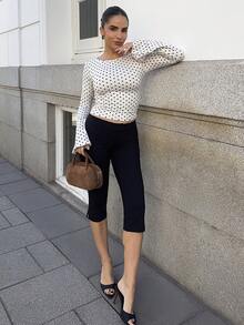 Marta Soriano 女士时尚波尔卡圆点印花荷叶边喇叭袖T恤 - 杏色 - 查看 5