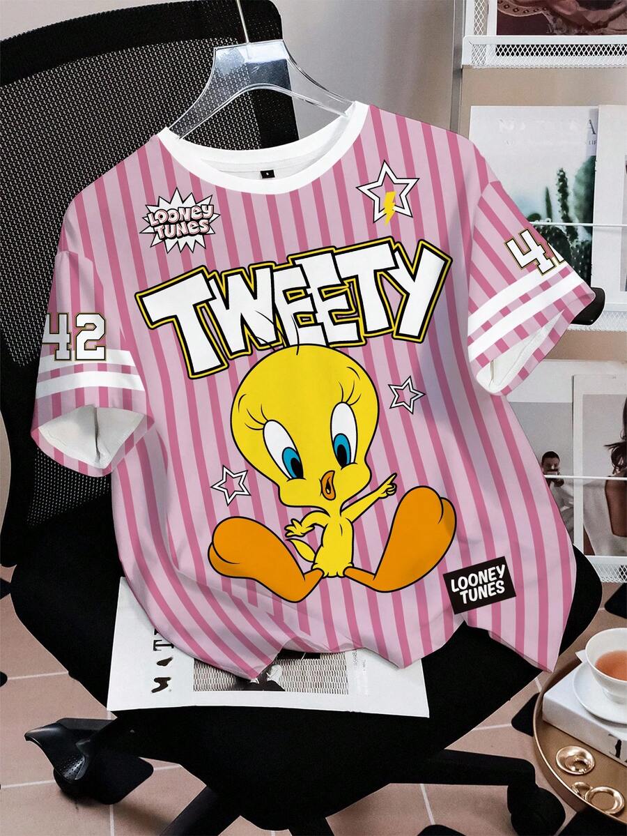 LOONEY TUNES X SHEIN 女士休闲卡通字母印花短袖T恤 - 白色 - 查看 1