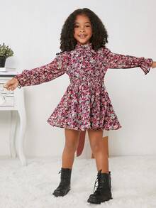 SHEIN Leap Crew 少女城市優雅立領花卉印花長袖洋裝,適用於春夏季 - 彩色 - 查看 1