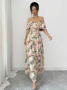 Elenzga Đầm trễ vai họa tiết hoa thanh lịch dành cho nữ - Hồng - Xem 3