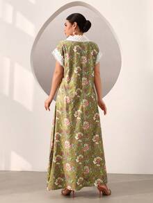 Al Najma 优雅花卉印花拼接蕾丝边饰短袖长连衣裙，春夏款 - 咖啡 - 查看 6