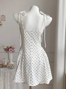 Comfortcana Women's Polka Dot Print Contrast Lace Camisole Mini Dress Vacation White With Black Polka Dots Summer Golf Sexy - Black - View 2