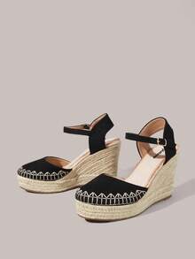 Styleloop Ladies Slope Heel Thick Sole Round Toe Woven Beach Vacation Fisherman Sandals, Travel Essentials, Vacation Wear, Summer Wear, Vacation Atmosphere - Black - View 2