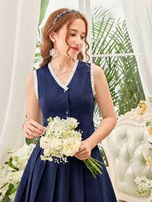2pcs/Set Blue Denim Sleeveless Vest & Pleated Mini Skirt For Teenage Girls - Dark Wash - View 6