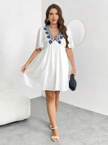 Enliva Plus-Size V-Neck Embroidered A-Line White Bohemian Style Dress, Casual And Versatile, Suitable For Round Body Types. - White - View 7