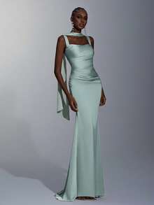优雅、浪漫、时尚、缎面、吊带、垂褶、褶裥装饰、鱼尾裙摆、拖尾、时髦、网红、节日、度假、生日派对、婚礼、伴娘礼服 - 薄荷綠 - 查看 3