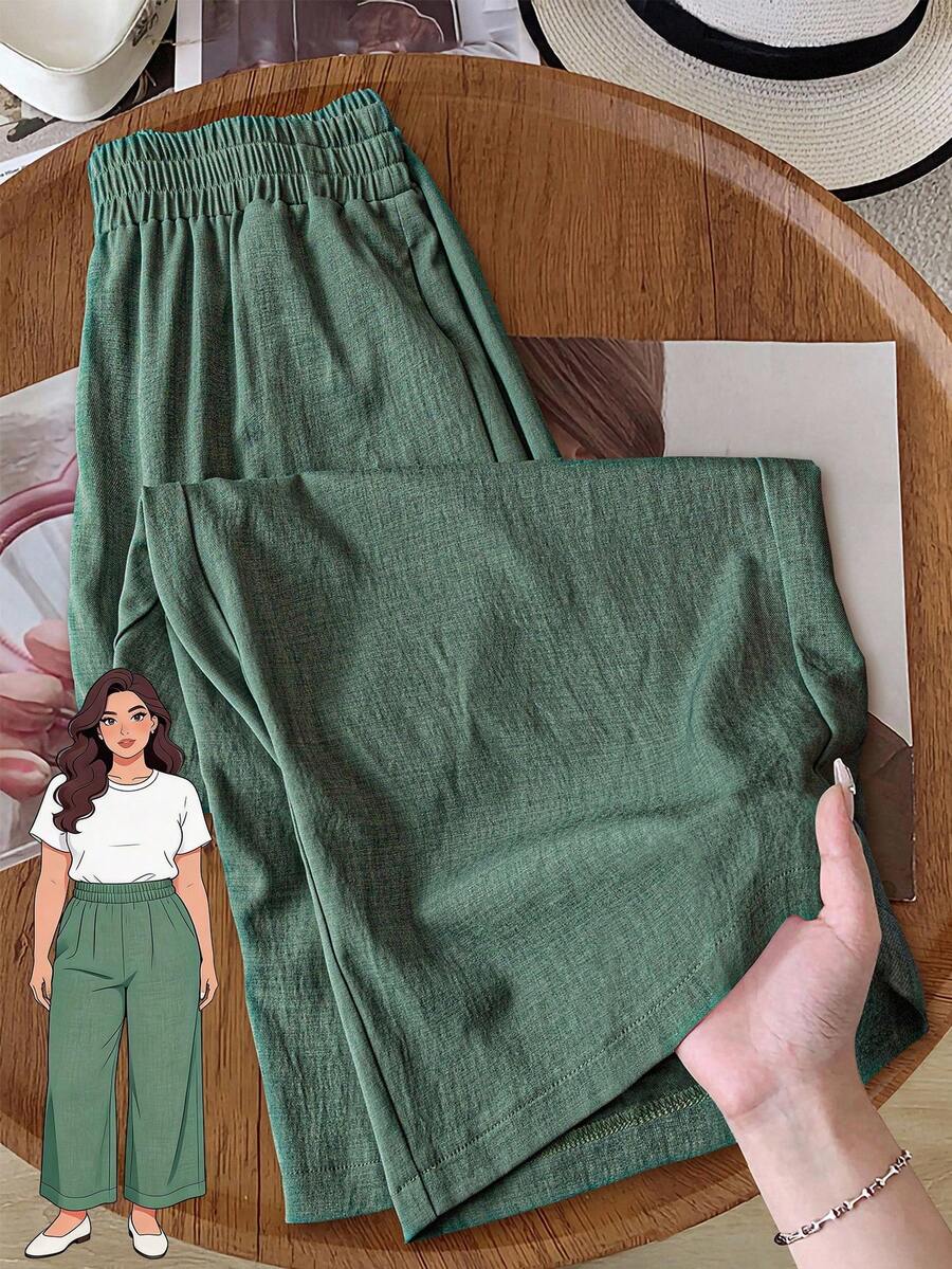 SHEIN RusticEase Plus Size Country Casual Vacation Bohemian Olive Green High Waist Wide Leg Pants Suitable For Spring And Summer Vacay Vibes Springbreak Casual Wear SS Bohemia Loose Fit,Summer Pants - Green - View 1