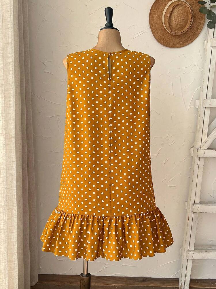 Plus Size Women Polka Dot Pattern Ruffle Hem Sleeveless Casual Dress