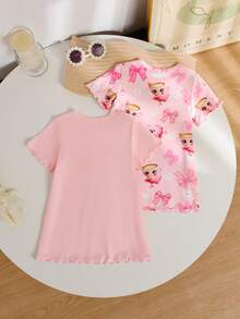 Genkimix Kids 2件套女婴仙女蝴蝶印花图案粉色小仙女定位印花袖口和下摆饰边睡衣套装 - 粉色 - 查看 2