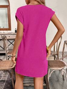 EMERY ROSE Women's Solid Color V-Neck Casual Short Sleeve Dress, Summer - Hot Pink - View 2