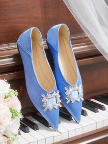 CUCCOO HITCHD Zapatos de mujer elegantes, de suela blanda, con puntera puntiaguda, escote bajo, hebilla cuadrada con rhinestones, suela plana, cómodos y versátiles de color azul - Azul - Ver 1