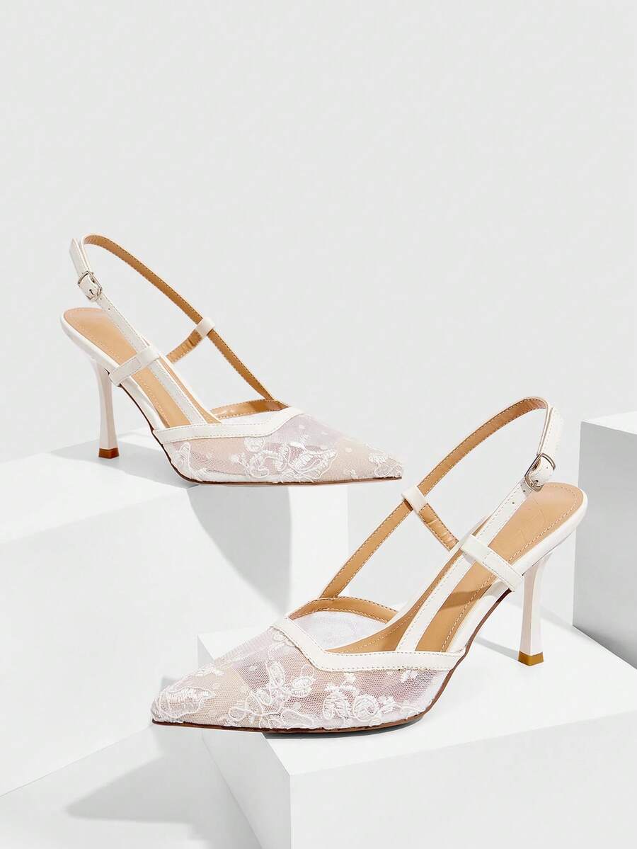 CUCCOO SZL Solid Color Patchwork Metal Decor Simple Casual Women High Heel Pumps Spring Shoes Spring Break Easter Prom Heels For Christmas - White embroidery thread mesh - View 1