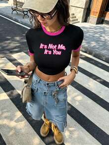 Pretty Bratty Áo thun ôm dáng in chữ Y2K dễ thương, áo crop top co giãn mỏng nhẹ mùa hè dành cho nữ, phù hợp mặc hàng ngày, nhiều dịp, đi học. - màu đen - Xem 7