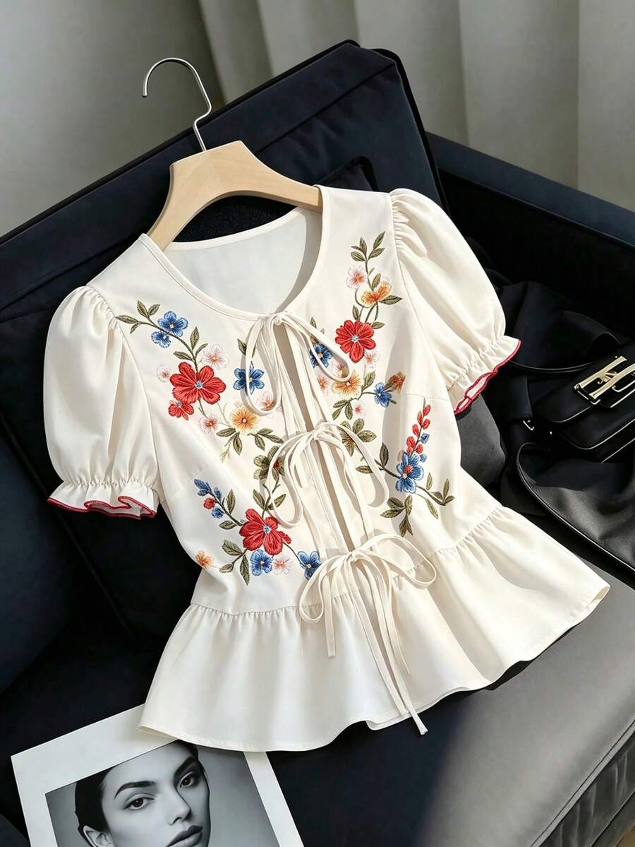 SHEIN Franclia Women's Vacation Versatile Floral Embroidery Tie-Up Ruffle Hem Fashionable Blouse - Apricot - View 1