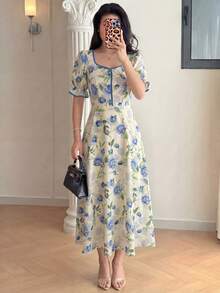 Modelyn 女士蓝色水彩印花A字腰带短袖优雅浪漫连衣裙，春夏款 - 彩色 - 查看 7