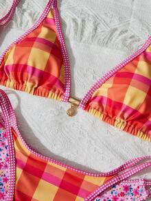 Swim Mod 女士夏季新款格子碎花性感露背三角比基尼两件套，适合海滩、游泳、度假 - 彩色 - 查看 5