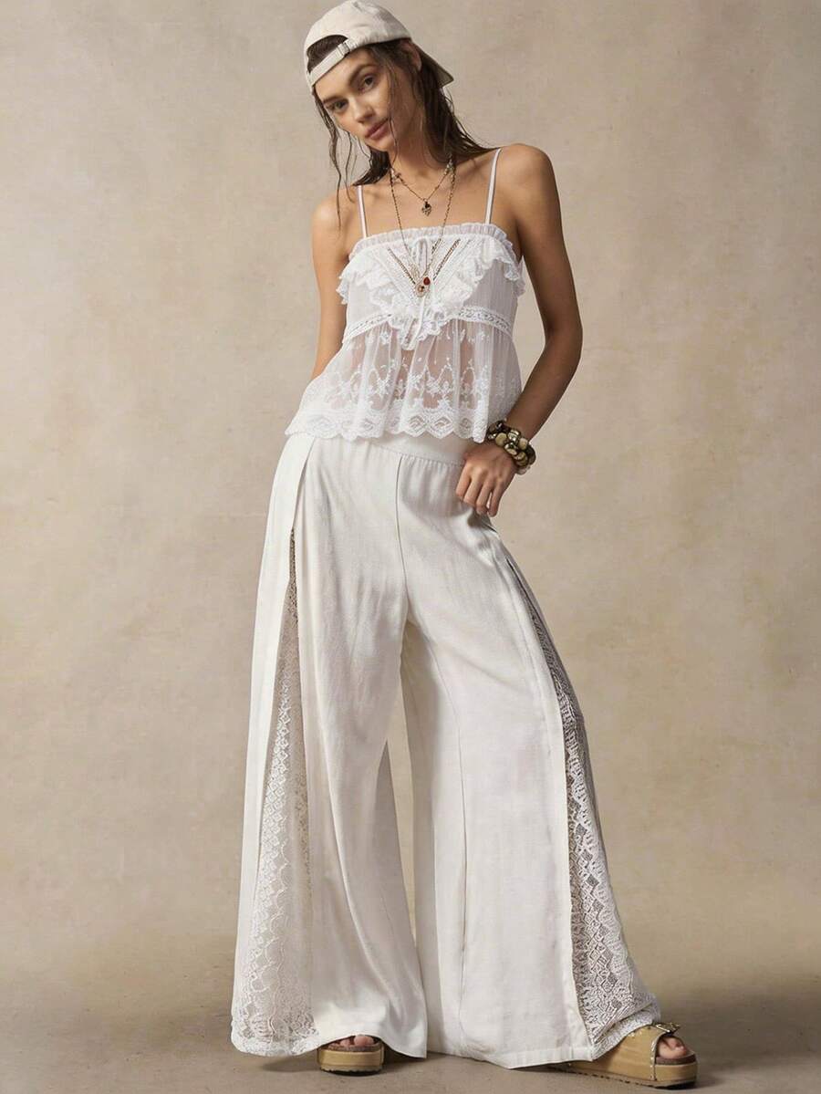 Bohemela Women's Casual Knit Lace Patchwork Loose Wide Leg Pants White Palazzo Pants Women White Flare Pants For Women White Lace Trim Pants White Wide Leg Pants Women White Lace Trim Palazzo Pants - White - View 1