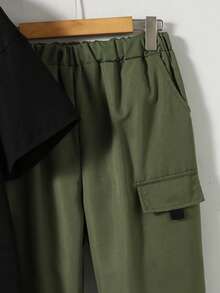 Vacaura 2pcs/Set Teen Boys Black T-Shirt With Khaki Shorts,Fashionable Streetwear Pocket Outfit,Versatile Summer Essentials For Sports,Outings,School - Army Green - View 7