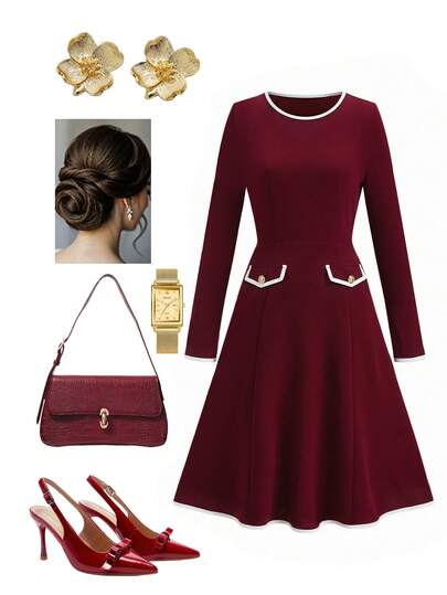 Ellevyn Đầm Angola màu đỏ cổ tròn, viền eo tương phản, dáng chữ A, cài kim loại, thích hợp cho công sở.