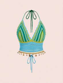 ROMWE Hippie Summer Outfits Plus Size Contrast Stripe Pattern Halter Backless Knit Top - Multicolor - View 8