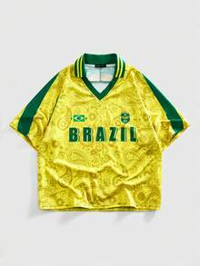 ROMWE MEN Prep 2026 World Cup Brazil Men's Short Sleeve Casual T-Shirt - Yellow - View 1