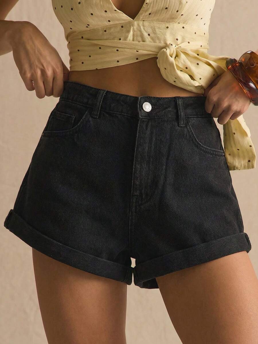 MUSERA Quần short denim dáng suông, cạp trung bình, có gấu lật lên, thích hợp cho mùa xuân hè, ấm áp, dễ thương, mặc hàng ngày, nữ tính, đi nghỉ mát, tắm nắng, giao lưu. - màu đen - Xem 1