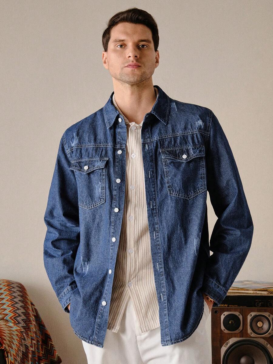 VeloEdit Áo sơ mi denim dài tay nam Cargo Utility, kiểu dáng thường ngày, màu denim bạc màu, phong cách mùa thu cổ điển. - Rửa tối - Xem 1
