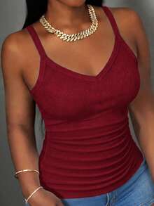 Slaydiva Women Burgundy Red Summer Casual Everyday Tank Top Basic Versatile Solid Ribbed V-Neck Racerback Gathe Vest Boho Beach Daytime Home Going Out Work - Burgundy - View 7