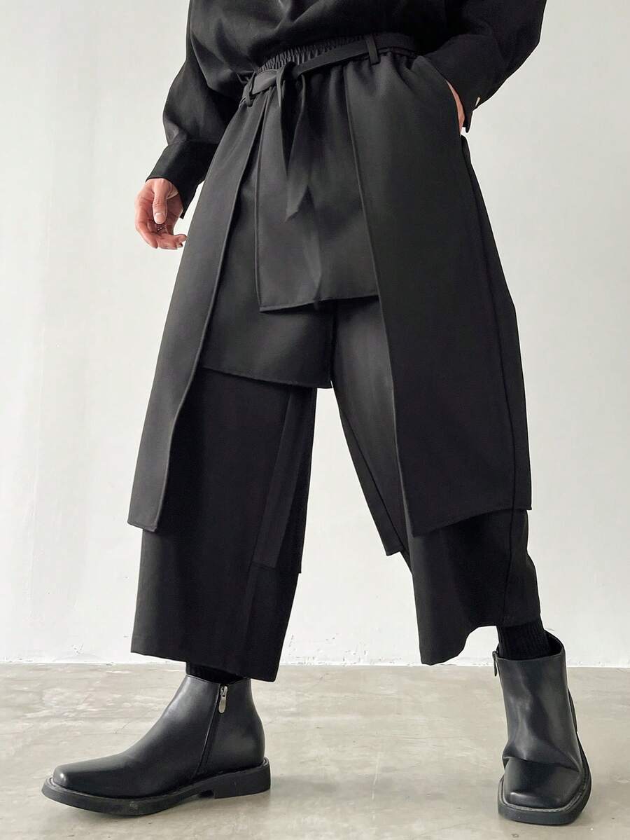 Manfinity Homme Quần dài nam cỡ lớn, kiểu dáng rộng rãi, có túi trước, thắt nơ, thích hợp mặc hàng ngày theo phong cách Nhật Bản. - màu đen - Xem 1