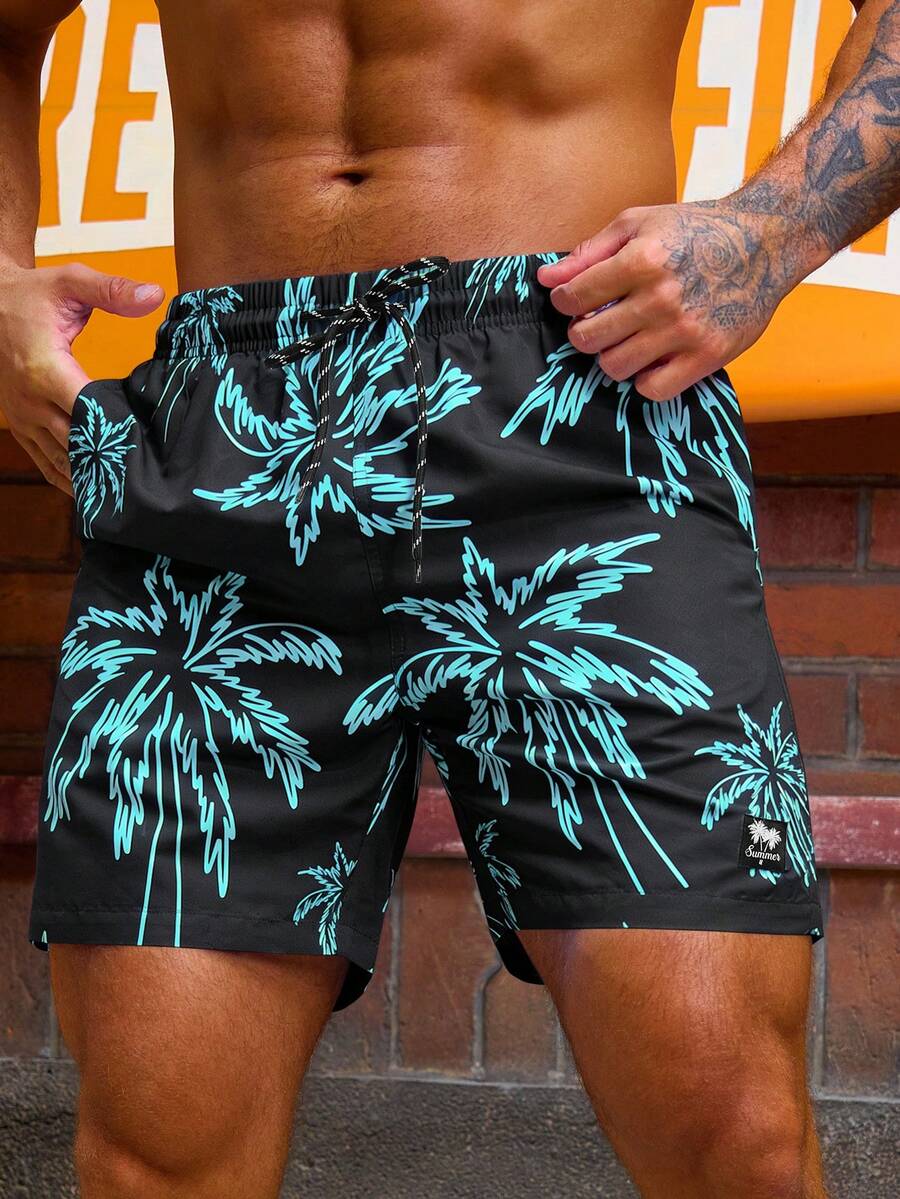 Manfinity KASUA Men's Coconut Tree Print Drawstring Waist Pocket Beach Shorts, Versatile For Vacation & Seaside, Holiday - Multicolor - View 1