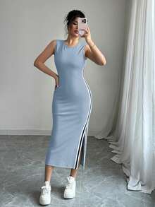 Selianne Đầm cổ tròn màu đen trắng có nơ, xẻ tà bên hông dành cho nữ. - Xám Xanh - Xem 3