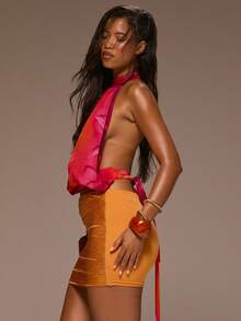 MUSERA Flower Printed Chiffon High Neck Cut Out Ruched Blouse Girly Spring Summer Vacation Night Out Cute Occassion Golden Sands - Multicolor - View 3