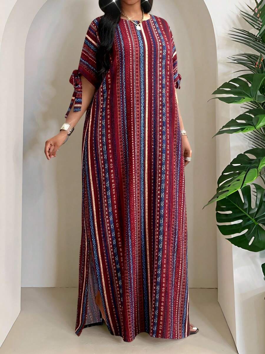 SHEIN Lady 大码圆领中袖条纹撞色复古宽松长裙 - 彩色 - 查看 1