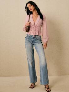 Poéselle Women's Solid Color Long Sleeve Ruched Waist Tie Shirt - Dusty Pink - View 3