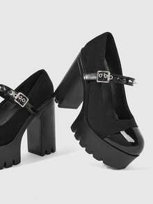 ROMWE Grunge Punk Giày cao gót đế platform mũi tròn kiểu Gothic dành cho nữ, chất liệu bóng, đính đinh tán, gai nhọn, khóa cài chìm, kiểu dáng punk, thoải mái khi trang trí, thích hợp cho tiệc tùng, du lịch hoặc đi làm. - màu đen - Xem 5