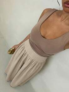 SHEIN Glamour 女士复古低腰阔腿裤，飘逸显瘦休闲长裤，卡其色阔腿裤，适合春夏度假，夏季阔腿裤，卡其色长款阔腿裤，海滩度假，夏季阔腿裤，卡其色长裤 - 卡其色 - 查看 5