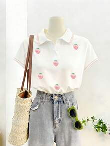 Lalippa Women's Fashion Short Sleeve Casual Strawberry Embroidered T-Shirt, Strawberry Embroidery T-Shirt. Versatile Daily Wear, Suitable For Summer, Comfortable Casual Outdoor T-Shirt, All Season T-Shirt, Fruit T-Shirt, Polo Shirt - White - View 3
