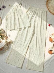 Sparklyn Girls Fashionable Versatile Camisole And Pants 2pcs Set,Backless Button Design,Woven Fabric,Relaxed Straight Leg,Pastel,Summer,Casual,Vacation,Holiday - Beige - View 2