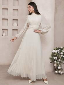 Veilorie 女士纯色领口透明灯笼袖褶边优雅阿拉伯连衣裙 - 黃色 - 查看 4