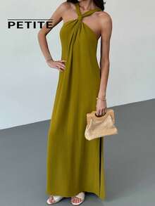 SHEIN Aloruh Petite 娇小女款春夏新款度假风露背A字超长绿色连衣裙 - 綠色 - 查看 5