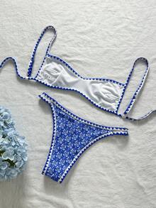 Swim Mod Women's Beach Outfit, Sweet Ditsy Floral, Fashionable Casual Resort Wear, Cute & Sexy, Micro Bikini Swimwear Set - Blue and White - View 4