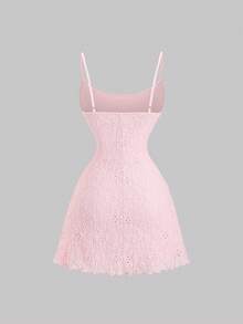 Sweetra Women's Soft Pink Lace Knit Mini Dress,Summer Cottage Core Picnic Sweet Bow Tie Strap Camisole Dress,Fitted A-Line Silhouette For Dates - Pink - View 2