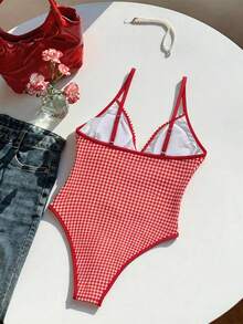 Traje de baño de una pieza con escote en V profundo y estampado aleatorio para mujer, primavera/verano - Multicolor - Ver 2