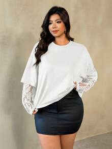 Auralis 大码女式休闲宽松纯色棕色圆领T恤，甜美蕾丝拼接透视长袖T恤，Y2K时尚休闲街头风穿搭 - 白色 - 查看 6