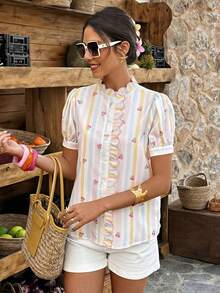 大码彩色多巴胺条纹印花短袖衬衫，扇形花瓣领，刺绣撞色饰边，优雅休闲度假上衣，适合春夏穿着。 - 彩色 - 查看 5