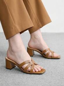 CUCCOO BIZCHIC Ladies Brown Crossstrap Design High Heel Sandals, Square Toe Comfort High Heel Sandals Commuter Style Sandals - Brown - View 1