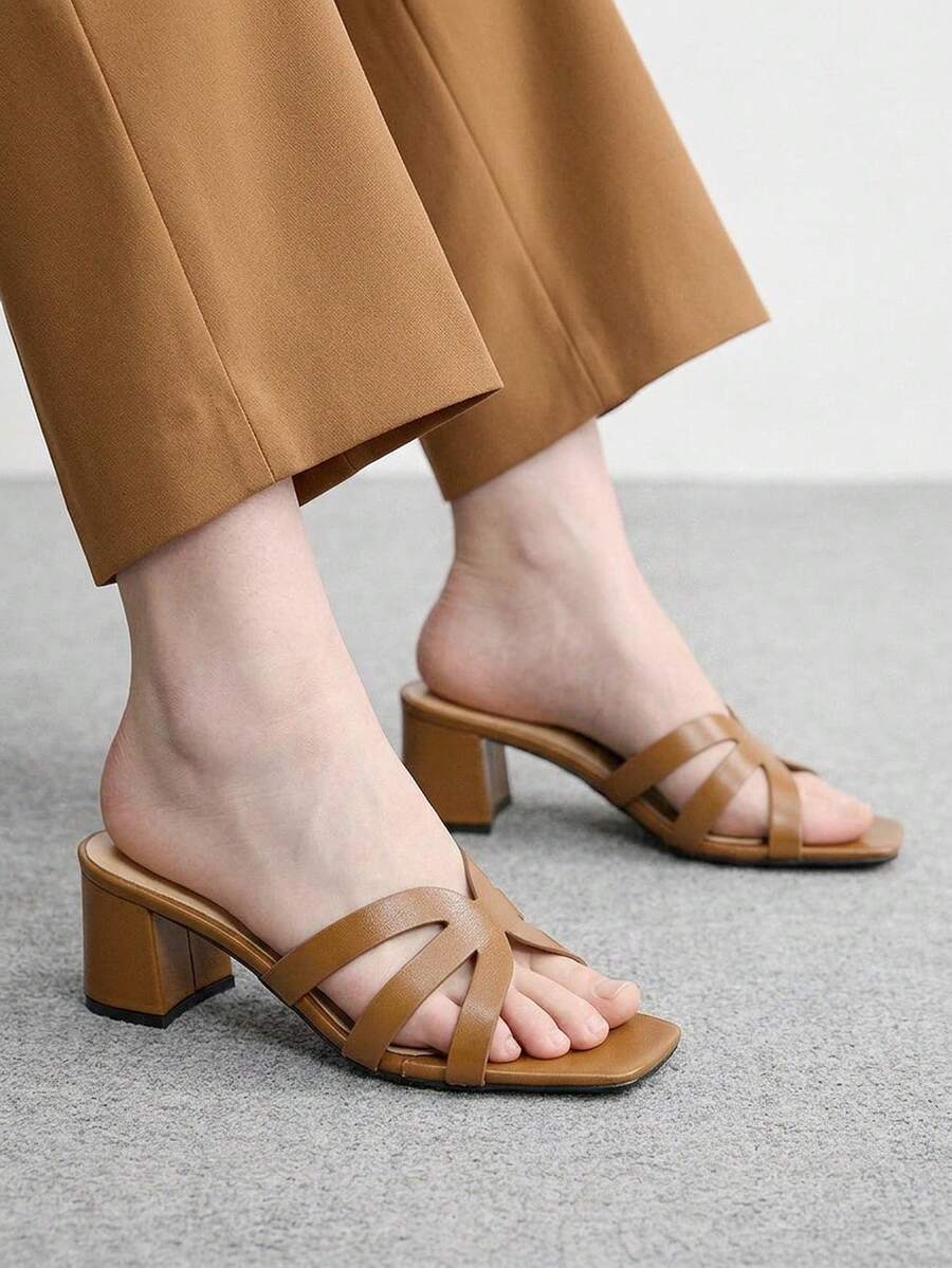 CUCCOO BIZCHIC Ladies Brown Crossstrap Design High Heel Sandals, Square Toe Comfort High Heel Sandals Commuter Style Sandals - Brown - View 1