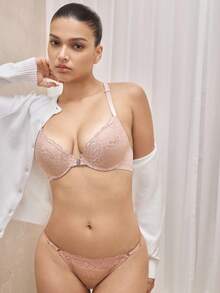 Bralution Women's Lace Spliced Front Closure Bra With Underwire And Neck Strap Lingerie - Dusty Pink - View 4