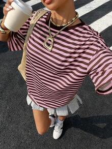 Muchica Yellow Striped Knit Casual T-Shirt For Women - Pink - View 6